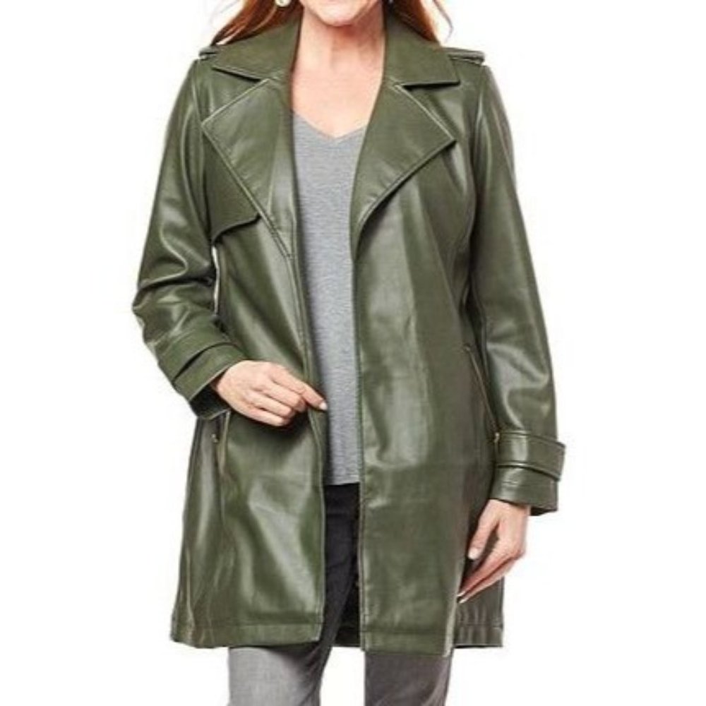 Kathy Ireland® Fashion 360 London Faux Leather Trench 801-871 Olivine Medium
